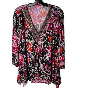 Y2K TOGETHER boho oversized beaded top Aztec,abstract,multicolored,V neck